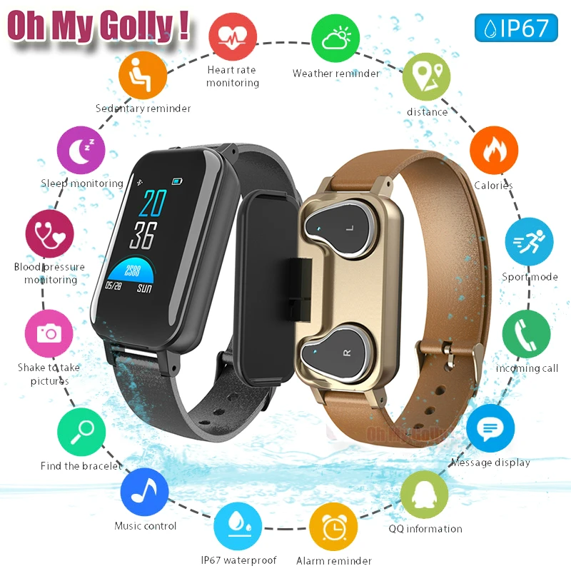 T89 Smart Watch Men with Bluetooth Earphone Women Smart Watch IP67 Support Siri BT Call Fitness Bracelet Smart Band