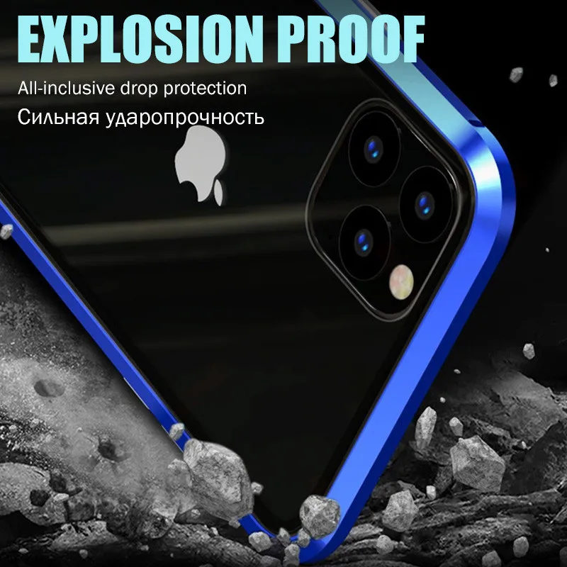 Металлический магнитный адсорбционный чехол для iphone 11 Pro X XR XS Max, противоударный чехол для iphone 7 8 Plus 6 6 S, задняя крышка из закаленного стекла