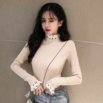 

A212 #2019 Autumn Clothing Frilled Joint Half-Turtle-Neck Sweater Women's Long-Sleeve Slim Fit Base Sweater