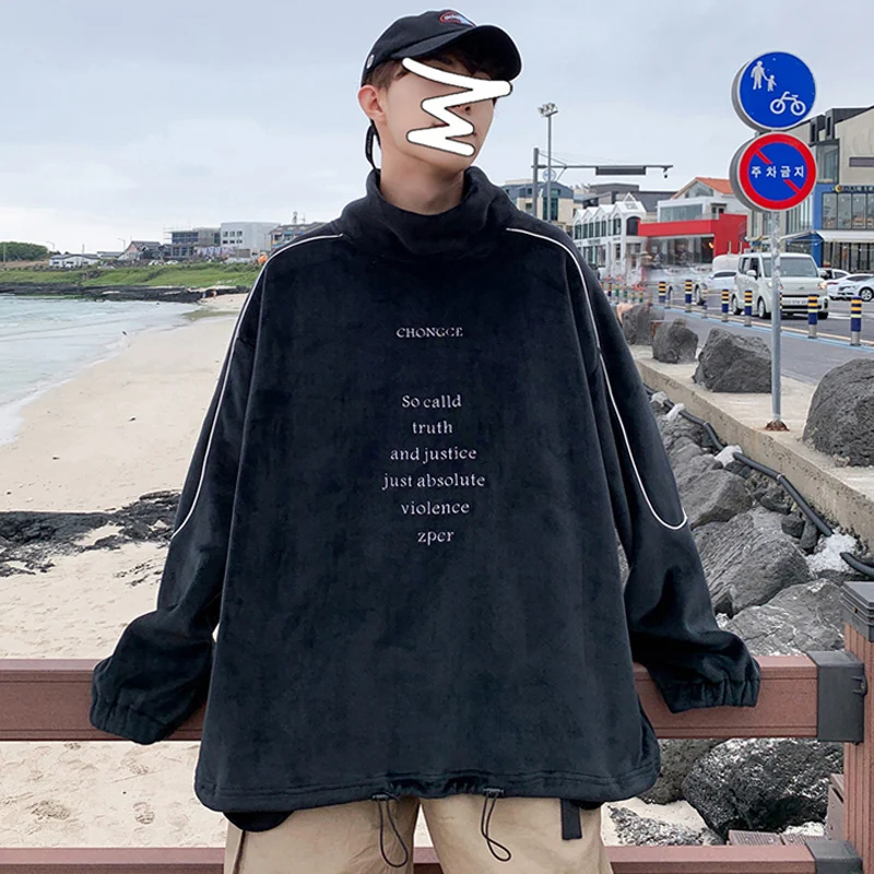 

2019 Autumn And Winter New Japanese Men's Velvet Embroidered High Round Neck Loose Hooded Korean Casual Pullover