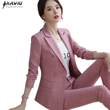 Модный темперамент клетчатые брюки костюмы для женщин Осень Повседневный длинный рукав Блейзер и брюки Офисная Женская рабочая одежда розовый