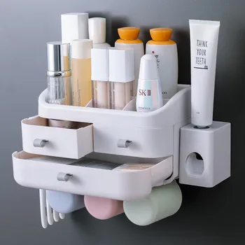 

Multifunction Toothbrush Holder Automatic Toothpaste Dispenser Bathroom Storage Rack Wall Mount Bathroom Accessories Set
