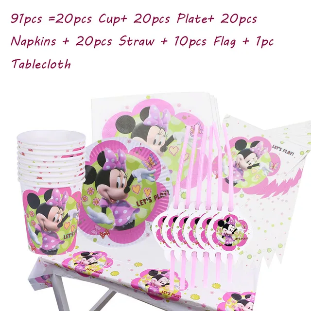 180*108 cm 1pc Minnie Mouse Theme Table Cloth for Kids Happy Birthday Party Decoration Table Cover Event Party Supplies 91pcs set