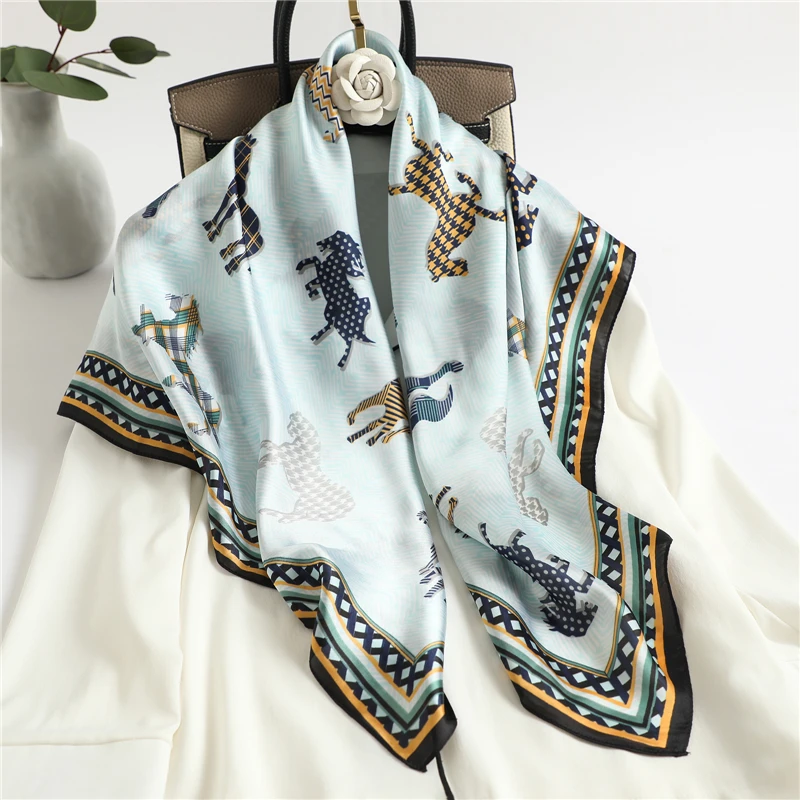 

New Design Scarf Print Silk Feeling Foulard Horse Women Bandana Large Square Spring Neck Scarves Female Hijab Headband