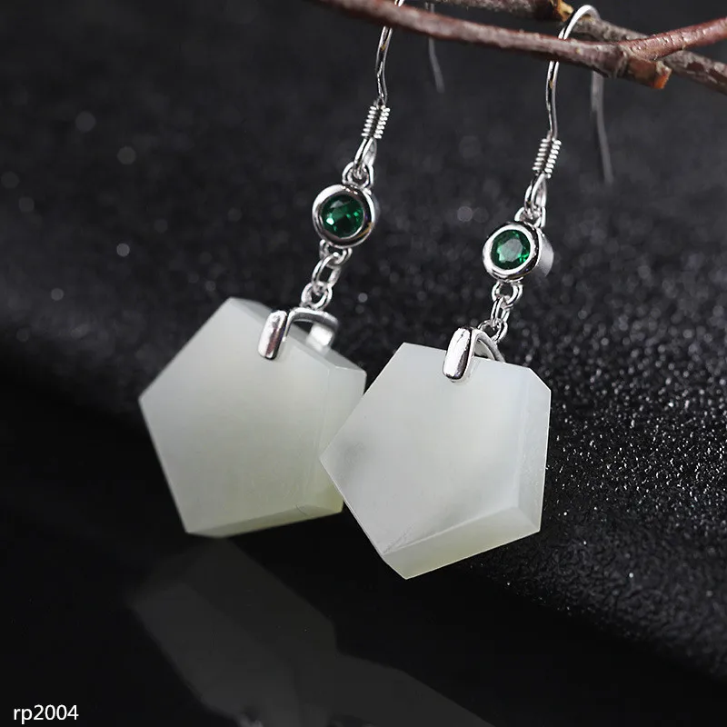 

KJJEAXCMY Boutique Jewelry S925 Sterling Silver Polygonal Lady Natural Hetian Jade Stone Earrings New With Certificate