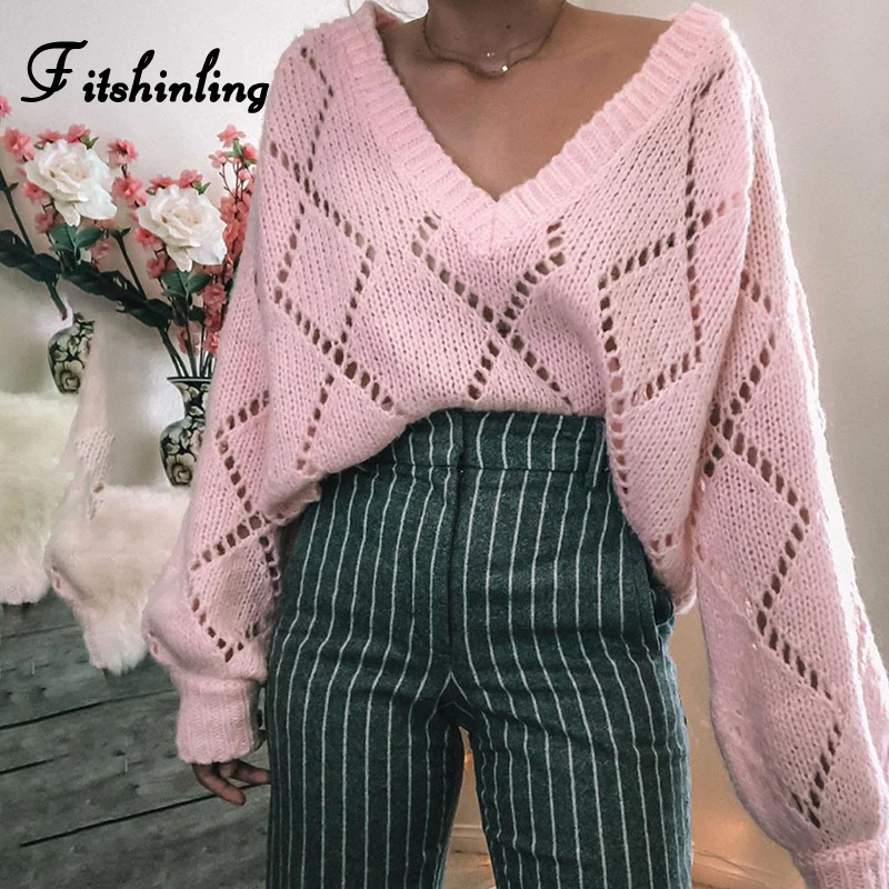 

Fitshinling Hollow Out V Neck Pink Jumper Sweaters For Women 2019 Boho Holiday Pullovers Knitwear Slim Sexy Sweater Ladies Sale