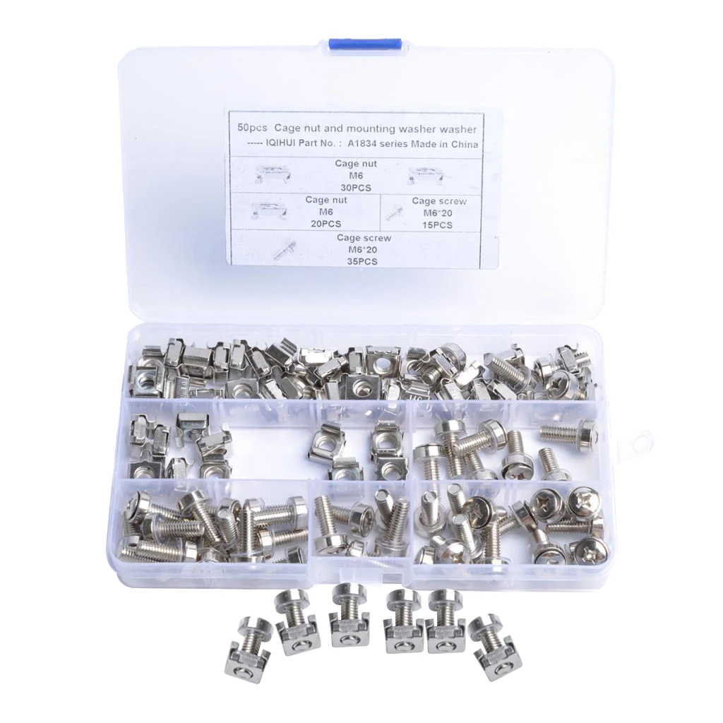 50 Pack Lot - M6*20 Rack Mount Cage Nuts & Screws w/ Washers - Square Clips