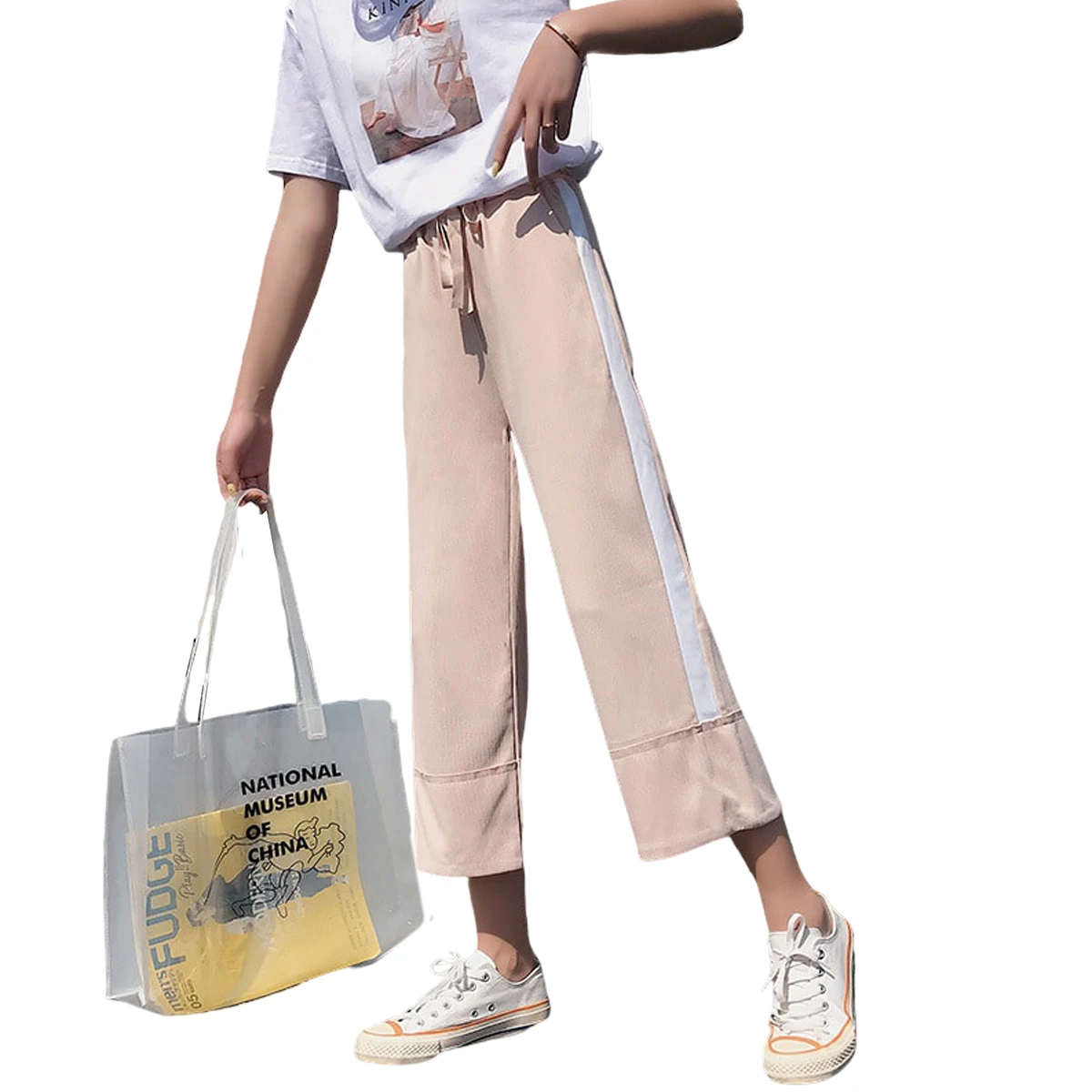 

2020 Fashion High Waist Pleated Lace-up Crop Wide-leg Pants For Female Girls Spring Autumn Elastic Trousers Casual Loose Capris