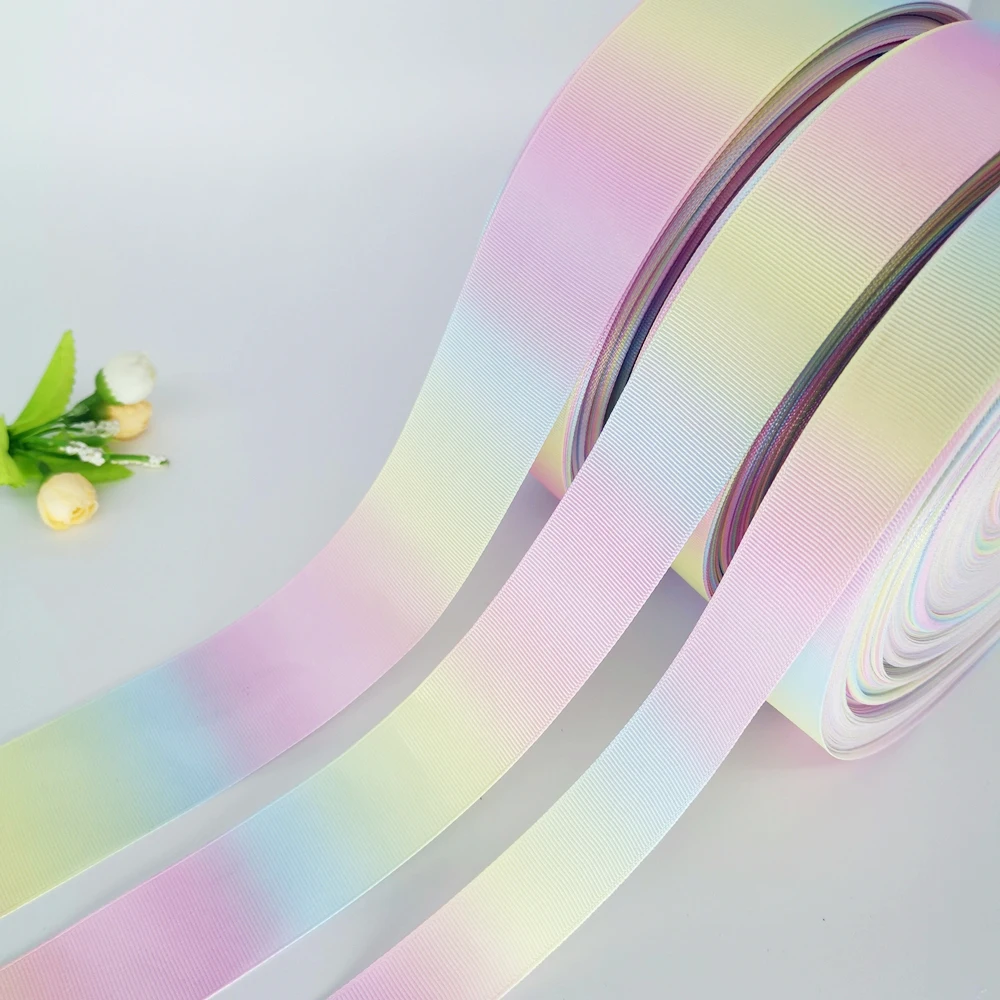 DIY Rainbow Color Gradation Printed Grosgrain Ribbon Hair Bow Party Sewing Glitter Craft 5 Yards 25mm 38mm 50mm