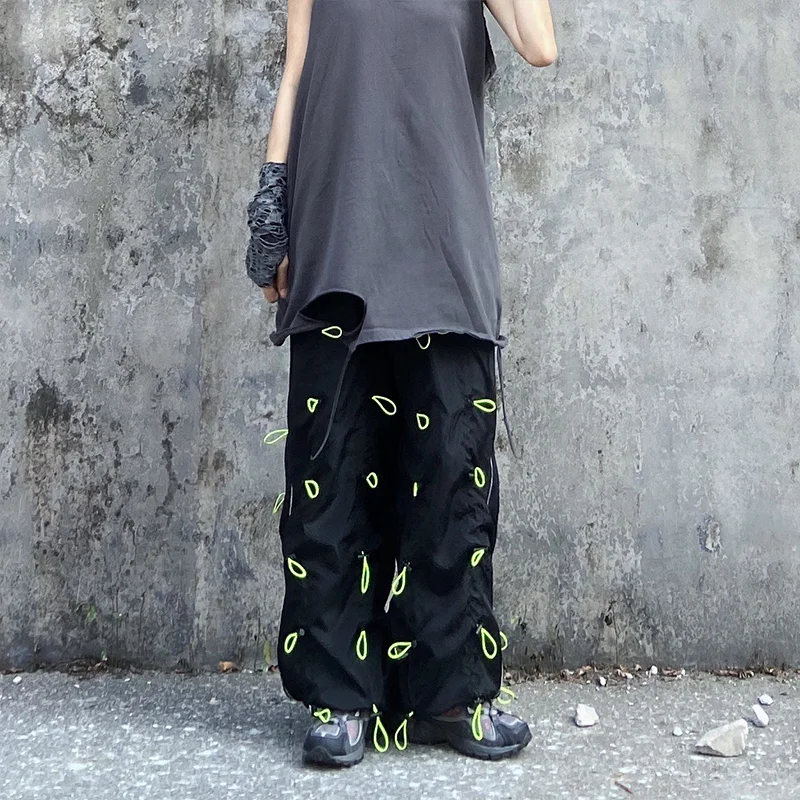 [EAM] High Elastic Waist Green Drawstring Wide Leg Long Trousers New Loose Fit Pants Women Fashion Tide Spring Autumn 2020 1X847