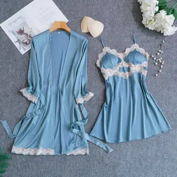 

Women's Simulation Silk Nightgown Two Piece Pajamas Autumn Winter Sexy V-neck Lace Solid Color Sling