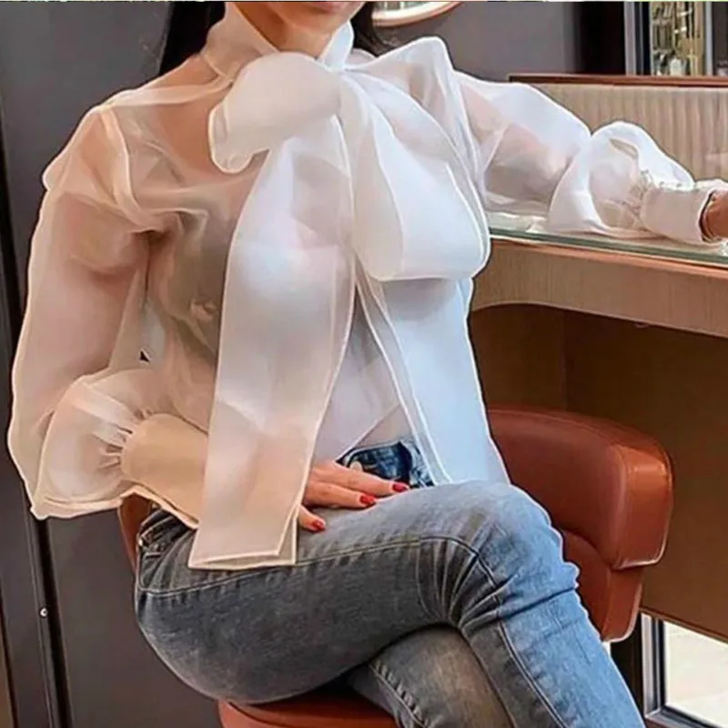 Новинка, модная женская элегантная Прозрачная сетчатая блузка с длинным рукавом, Сексуальные клубные Топы