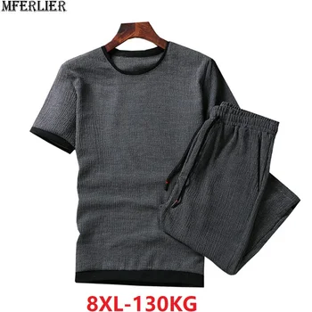 

high quality summer men linen short sleeve T-shirts and pants cotton Breathable tees plus size 6XL 7XL 8XL casual t-shirt 56 58