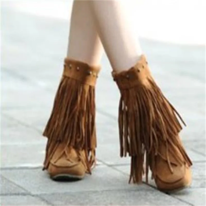 

Women's Cotton Inner Heightening Frosted Tassel Boots 2021 Winter New Low Heel Large Foreign Trade Round Head Solid Medium Boots