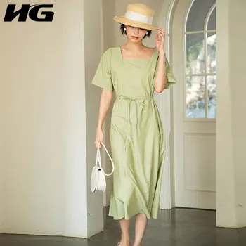 

HG Elegant Square Collar Women Dress Slim Was Thin Solid Color Short Sleeve Chiffon Dresses Loose Women Clothes 2020 XJ4219