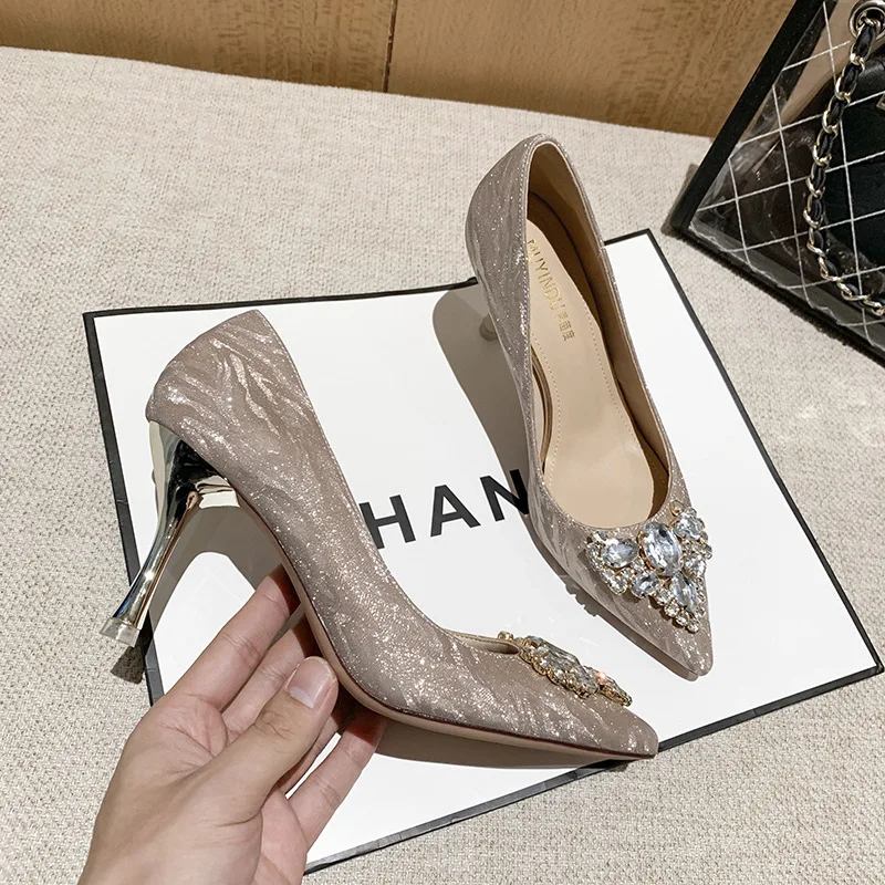 2023 New Women's Shoes Sandal Heels Women Pointed Sexy bride shoes Women's High Heels Female Gold Silver Rhinestone Wedding Shoe