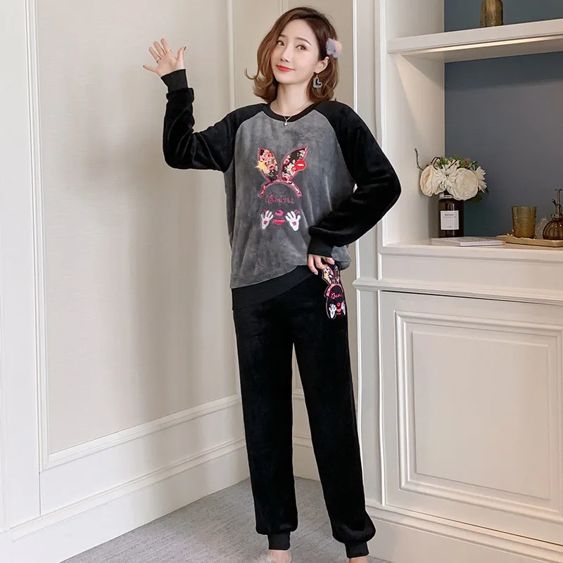 

Autumn Ladies Pajamas Black And Gray Stitching Small Fresh Pajamas Set Long-Sleeved Pajamas Set Women's Home Service
