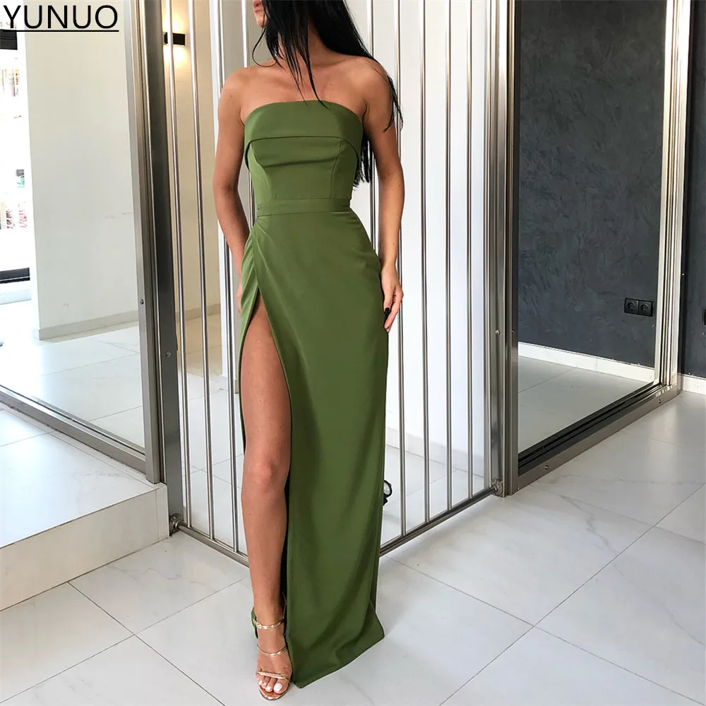 Yunuo Olive Green Strapless Long Evening Dresses Floor Length Party Gowns  With Side Split Вечерние Платья Special Occasion Dress - Evening Dresses -  AliExpress
