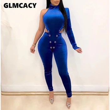 

Women Plus Size Two Piece Matching Sets Velvet One Shoulder Romper & High Waist Bodycon Pants Sexy & Club Suits