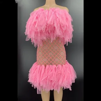 

Free Shipping Pink Pearl Fringe Transparent MINIDress Women Dancer Show Outfit Birthday Prom Party Latin Dance Outfit