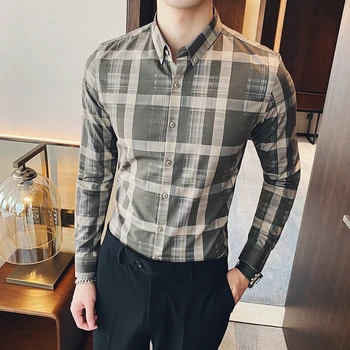 

Plaid Shirt Men Long Sleeve Shirt Fashion Casual Social Slim Male Dress Shirts