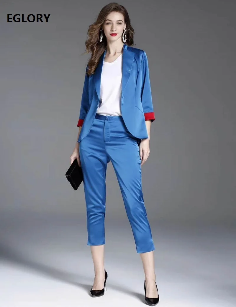 

XXL Women's Set 2020 Autumn Elegant Work Suit Ladies Color Block Single Button Blazer Coats+Skinny Leg Pants & Capris Sets 2pc