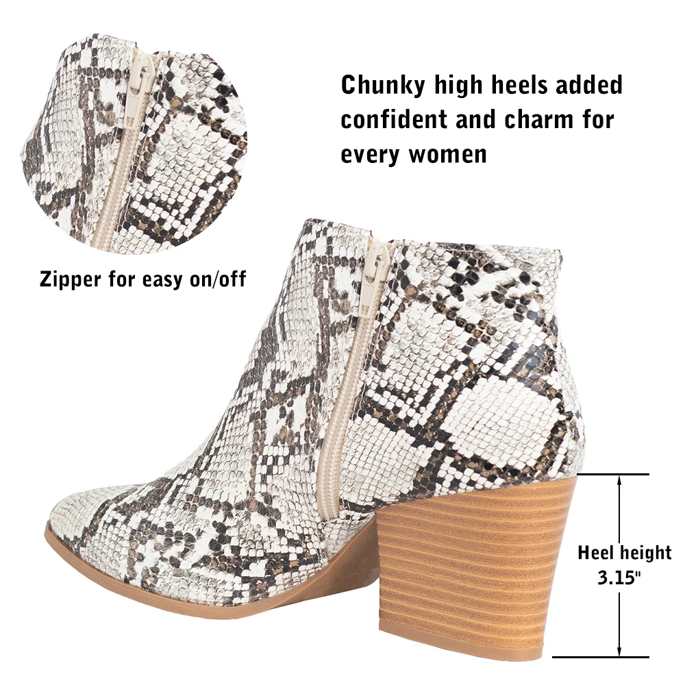 Women Animal Pattern Leather Ankle Boots Fashion High Heel Pointed Toe Slip-On Chelsea Boots Casual V-Cut Lady Snake Black Shoes