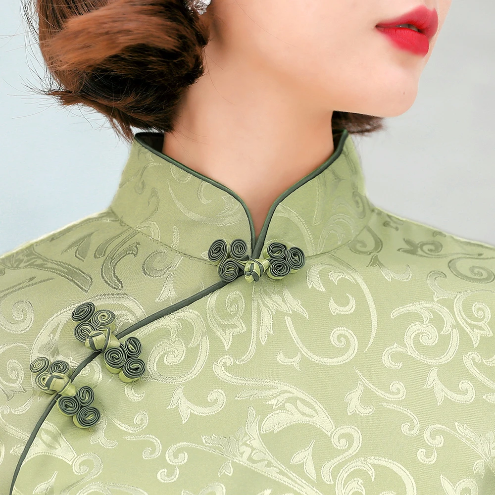 Elegant Satin Chinese Women Mandarin Collar Shirt Novelty Green Printed Blouse Half Sleeve Classic Handmade Button Tops