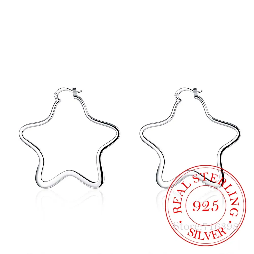 Personality Hyperbole 100% 925 Sterling Silver Simple Smooth Big Star Hoop Earrings For Women Sterling-Silver-Jewelry Pendientes | Украшения