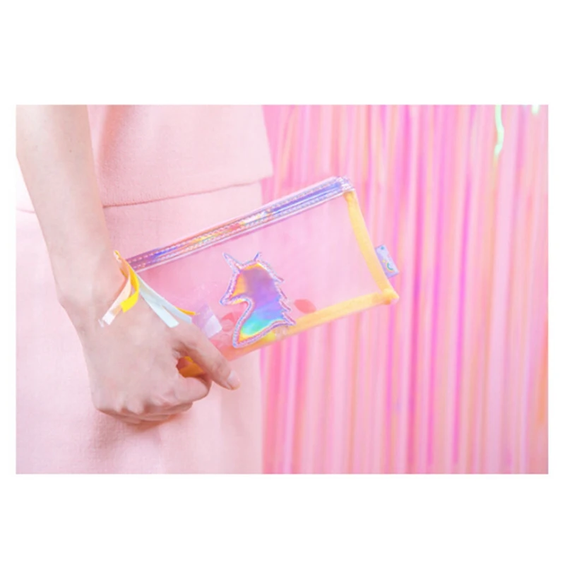 Пенал с единорогом прозрачной сетки Kawaii голографическая пенал для карандашей для макияжа Сумки из натуральной кожи кошелек держателя для макияжа, сумка, школьные принадлежности