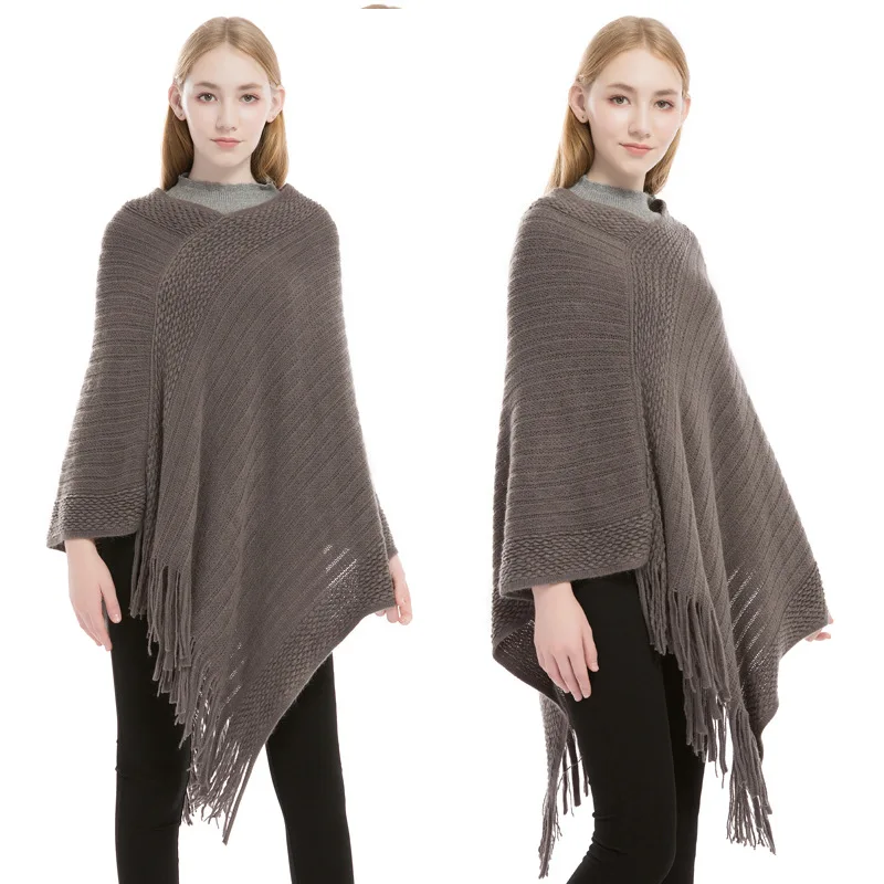 

Elegant Women Ponchos Autumn Winter Knitted Shawl High quality fringed pullover cape shawl poncho