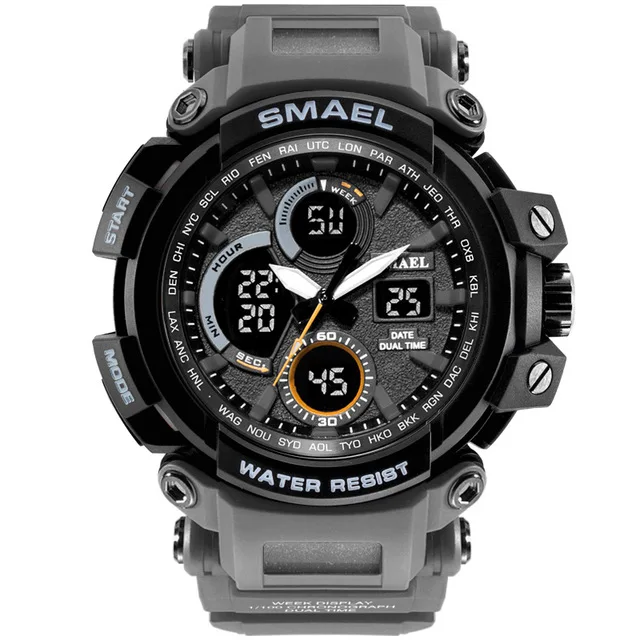 Relogio masculino Smael Роскошные брендовые кварцевые часы мужские модные повседневные часы Мужские Цифровые светодиодный спортивные военные часы мужские часы - Цвет: Grey
