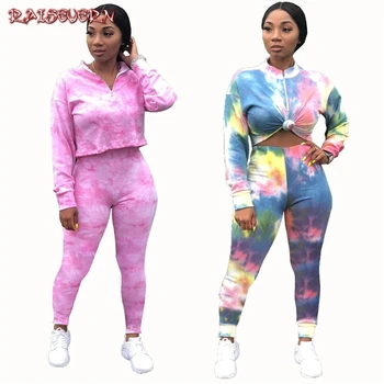 

RAISEVERN Tie Dyeing Two Piece Set Sweatshirt Crop Top And Long Oants Casual 2 Piece Set Women 2019 Spring Autumn Outfits