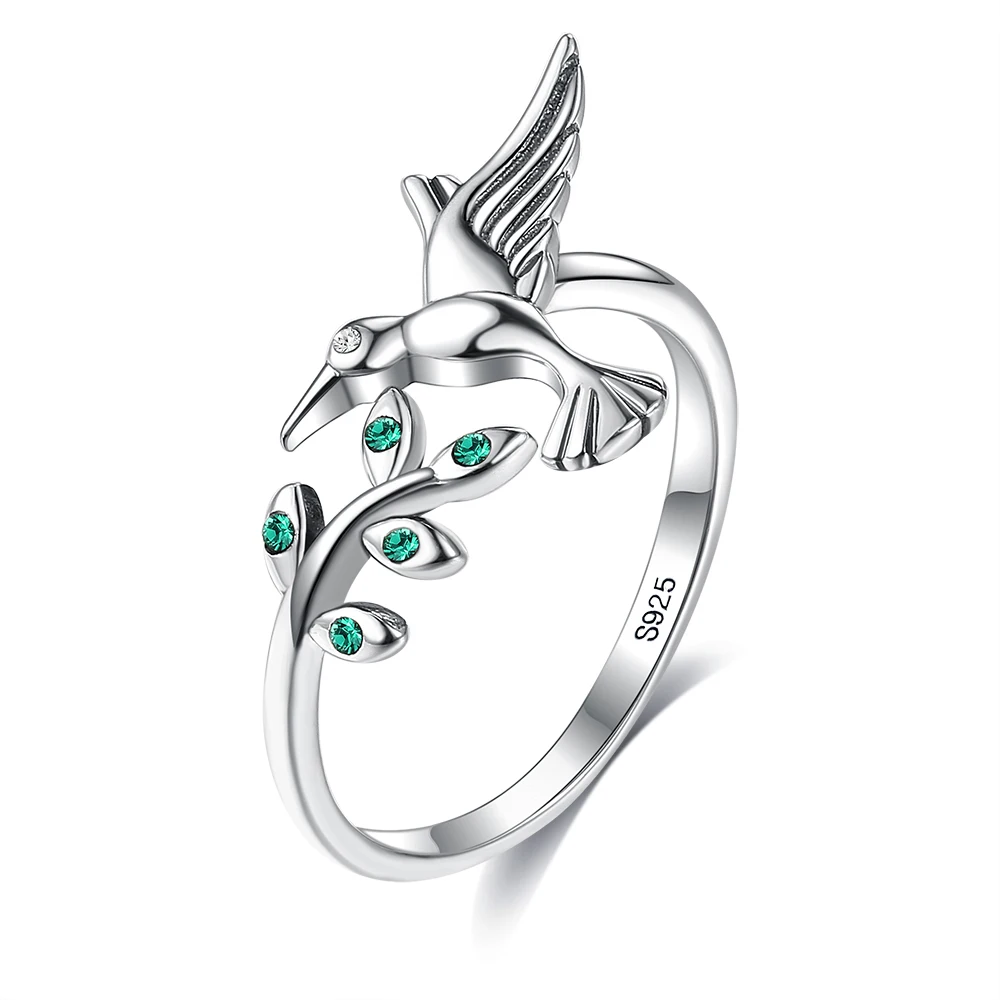 SILVERHOO Authentic Sterling Silver 925 Jewelry Bird & Tree Leaves Open Size Finger Rings For Women Green Cubic Zirconia Ring