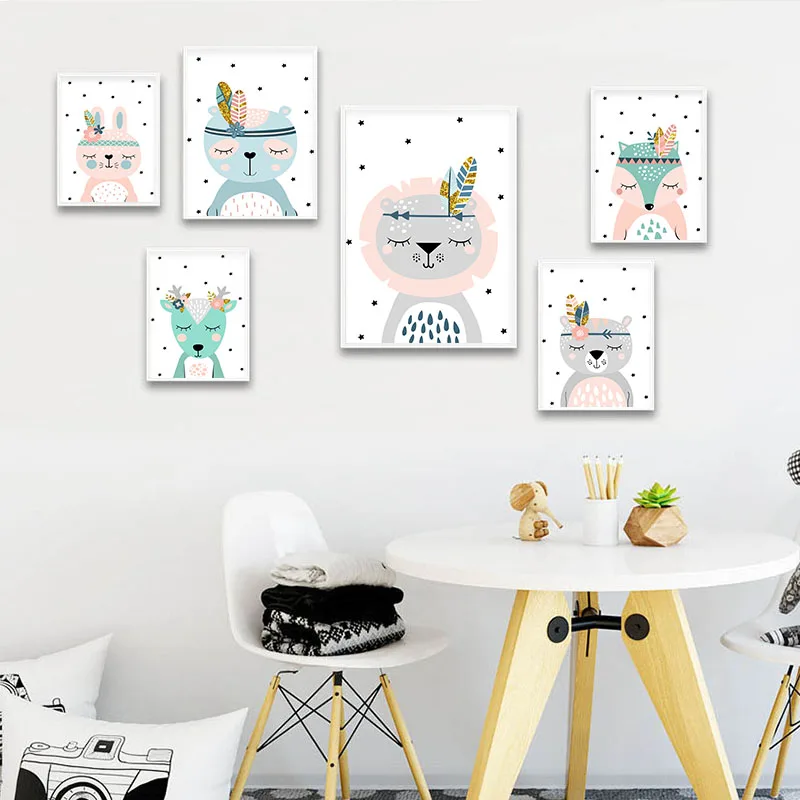 

Woodland Tribal Animal Picture Bunny Fox Lion Nursery Poster Canvas Wall Art Print Painting Nordic Kids Baby Bedroom Decoration