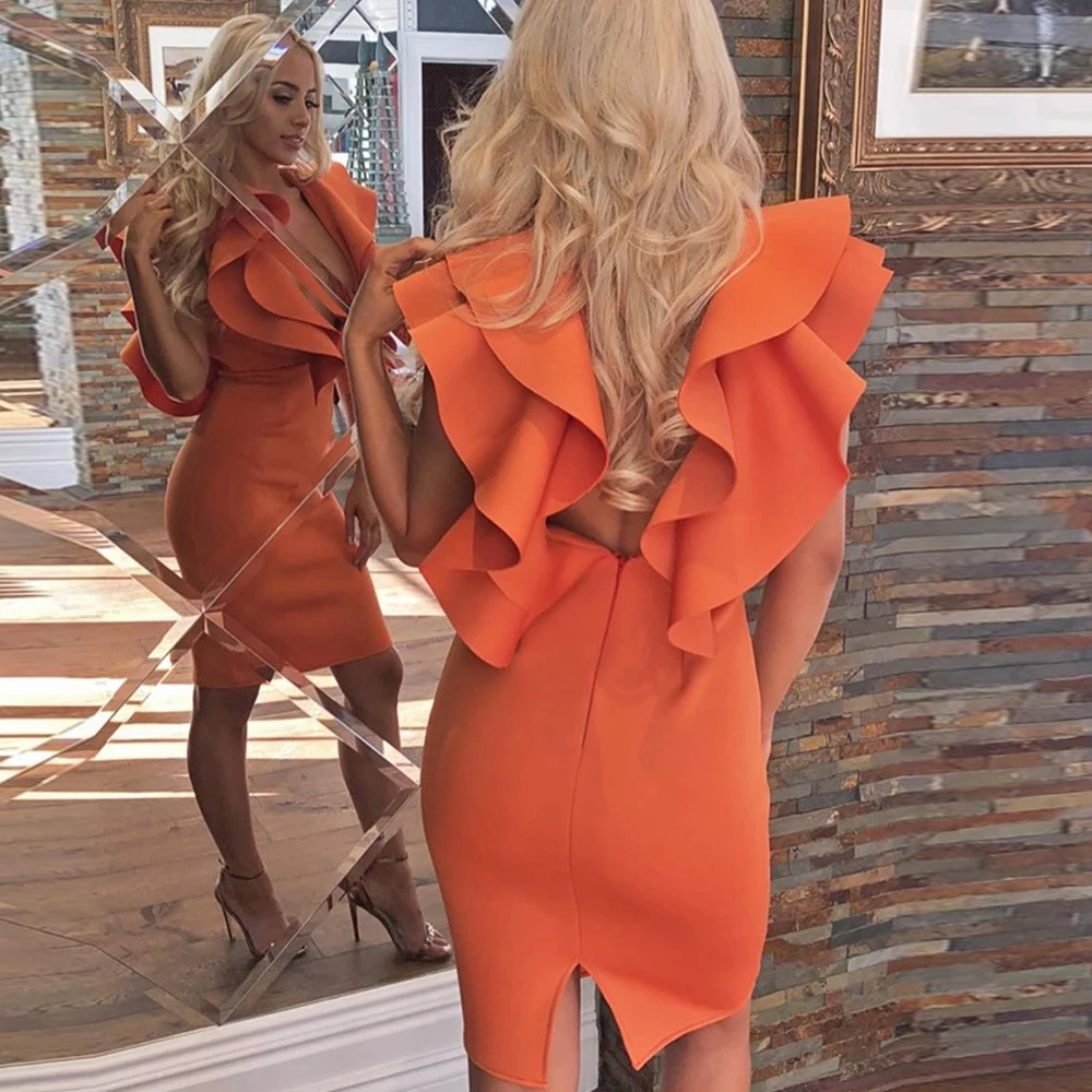 Женское сексуальное Бандажное платье с оленем, новинка, оранжевое Бандажное платье с оборками, облегающее платье с v-образным вырезом, вечерние платья знаменитостей