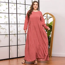 

DOIB Red Striped Plus Size Dresses Women Autumn Long Sleeve Pockets Loose Abaya Kaftan Islamic Dubai Muslim Maxi Dress
