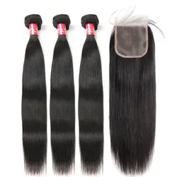 Прямые пучки волос с закрытием 4x4 бразильские волосы плетение человеческих волос 3 пучка с закрытием шнурка мягкое remy наращивание волос