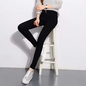 

Lady Slim Solid Color Pocket Zipper Elastic High Waist Trousers Pencil Pants