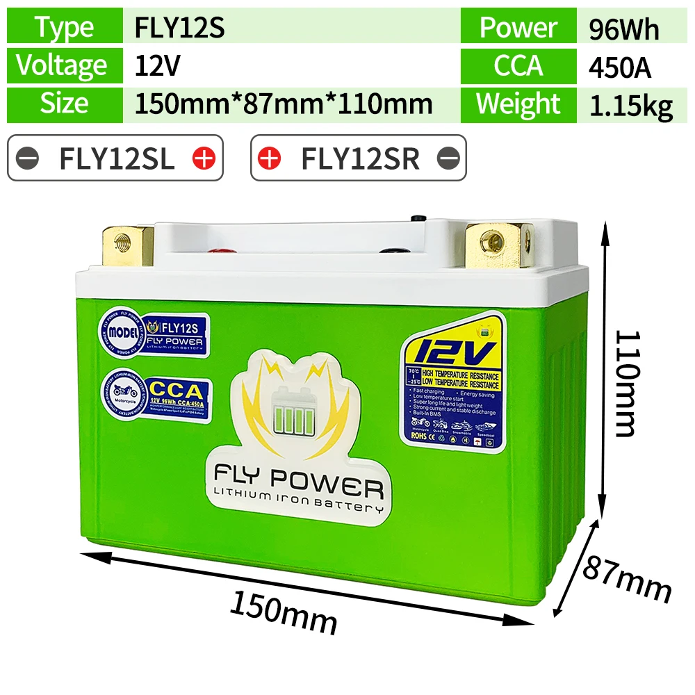 FLY12S 12V LiFePO4 Motorcycle Battery 96Wh CCA 450A 12V Lithium iron Phosphate Scooter Batteries ForMotorcycle ATVs UTVs YTZ12S