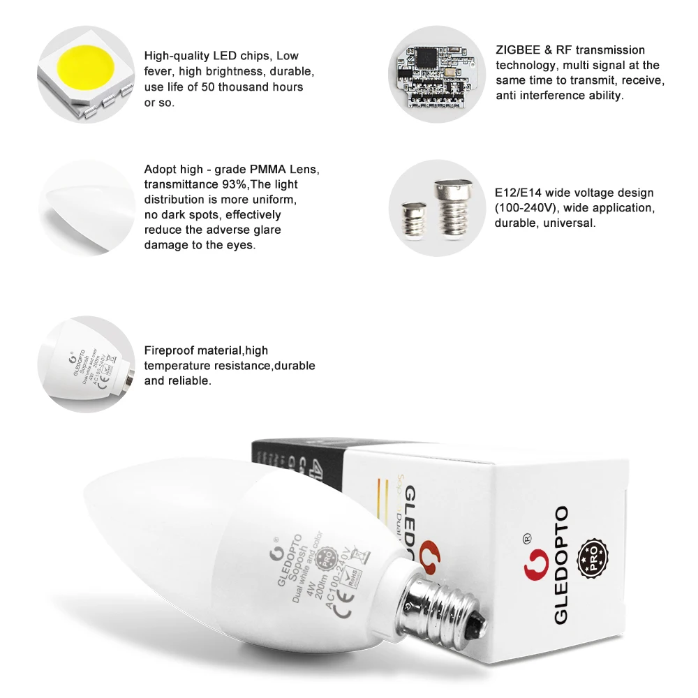 G светодиодный OPTO Zigbee 3 0 умный дом лампы в форме свечи Pro 4 W E12/E14 работы с