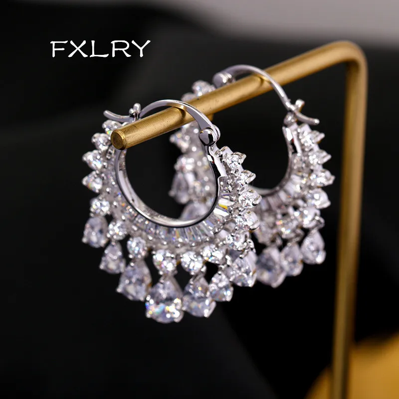 FXLRY elegant White color cubic zircon waterdrop tassel dangle earrings party bridal wedding jewelry
