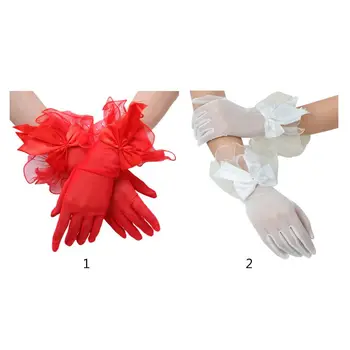 

Wedding Bridal Sheer Mesh Thin Short Gloves Satin Bowknot Wavy Ruffles Mittens