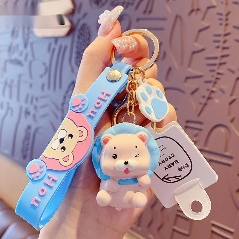 New Cartoon Roar Lion Keychain Cute Pink Yellow Blue Resin Bag Car Metal Keyring Soft Lanyard Women Boy Lover Gift 6