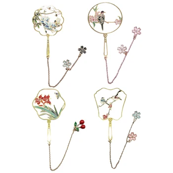 

4pcs Bookmarks Vintage Chinese Style Fan Shaped Tassels Bookmark for Home
