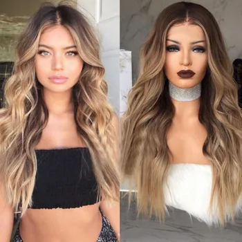 

SHUOHAN 70cm Synthetic Wavy Ombre Wig For Women Dark Light Brown Heat Resistant High Temperature Fiber Long Middle Part SX312