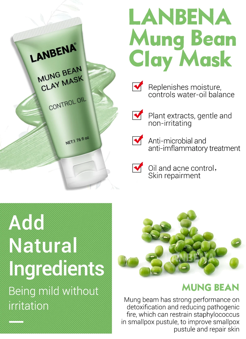 Глиняная маска для глубокого очищения лица mung Bean Mud маски для кожи лица Уход за акне лечение снижение акне знак смазочное масло контроль питательный
