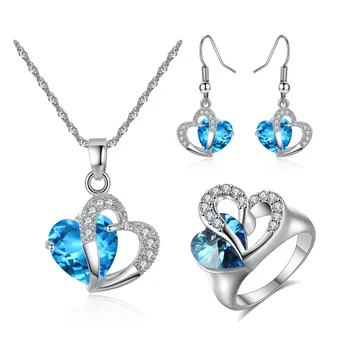 

L15 Crystal Zircon Love Necklace Earring Ring Set Blue Jewelry Set Christmas Gift
