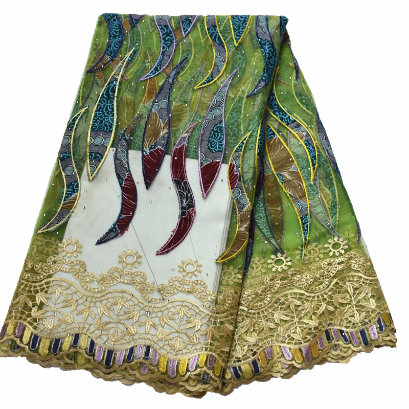 Африканская Вощеная кружевная ткань с вышивкой камнями французская чистая кружевная нигерийская кружевная ткань для женского платья 5 ярдов - Цвет: as picture