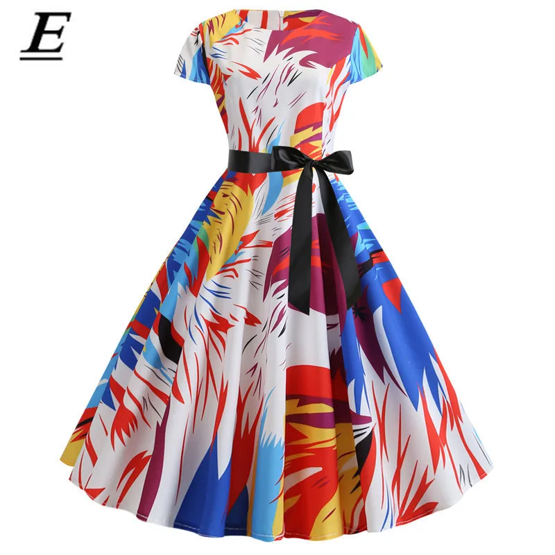 Женское винтажное платье с коротким рукавом и круглым вырезом вечернее офисное